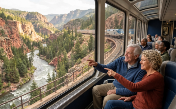 A smiling older couple sits inside a train with large windows, pointing at a scenic river and forested mountains outside as other passengers enjoy the view. The train curves along tracks in a beautiful canyon.