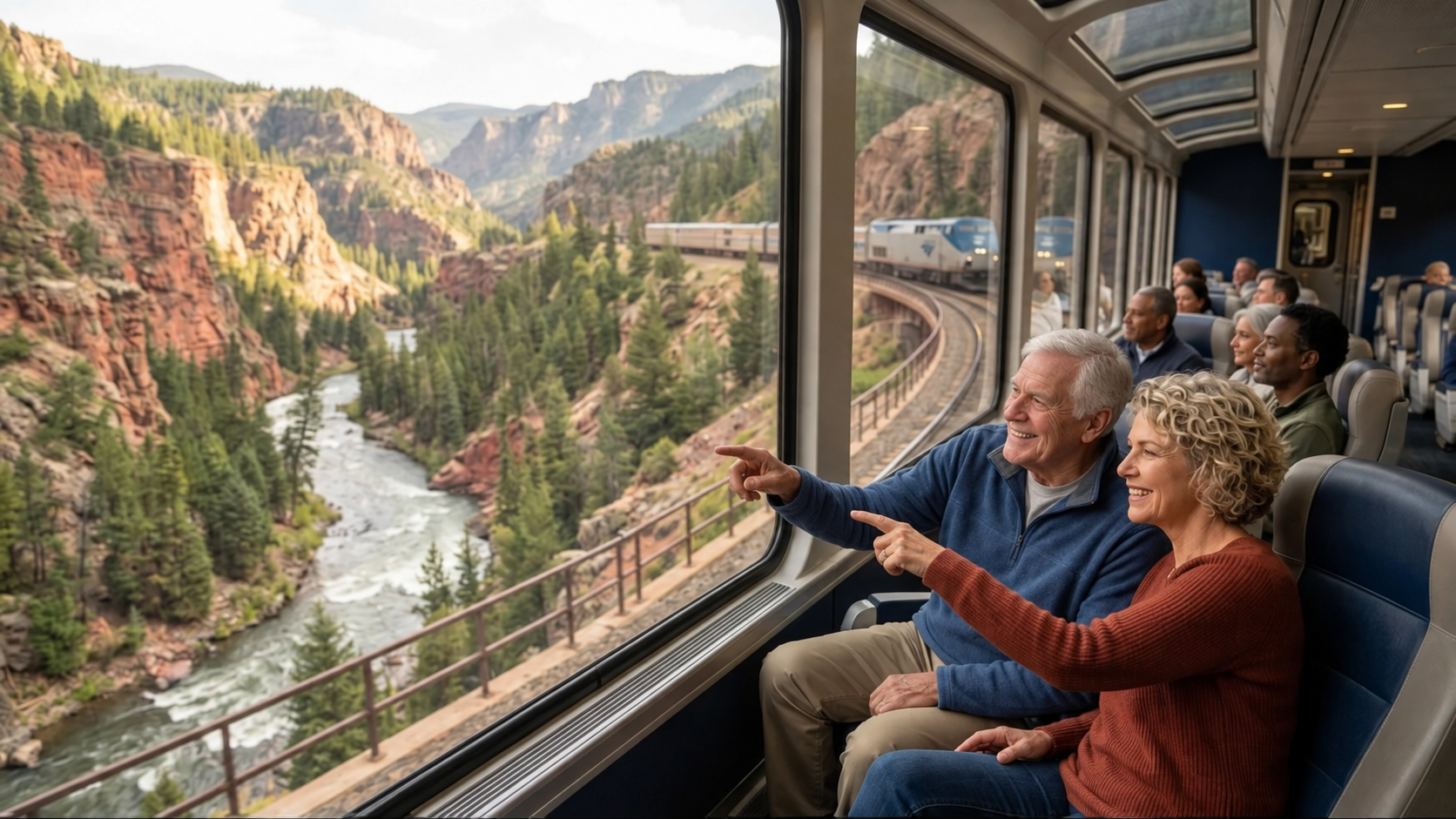 A smiling older couple sits inside a train with large windows, pointing at a scenic river and forested mountains outside as other passengers enjoy the view. The train curves along tracks in a beautiful canyon.