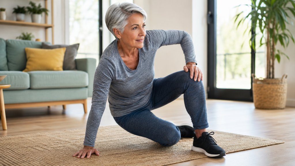 Older woman with short gray hair and athletic clothing is exercising indoors on a mat, smiling and kneeling with one hand on the floor. A couch and a large plant are visible in the background.