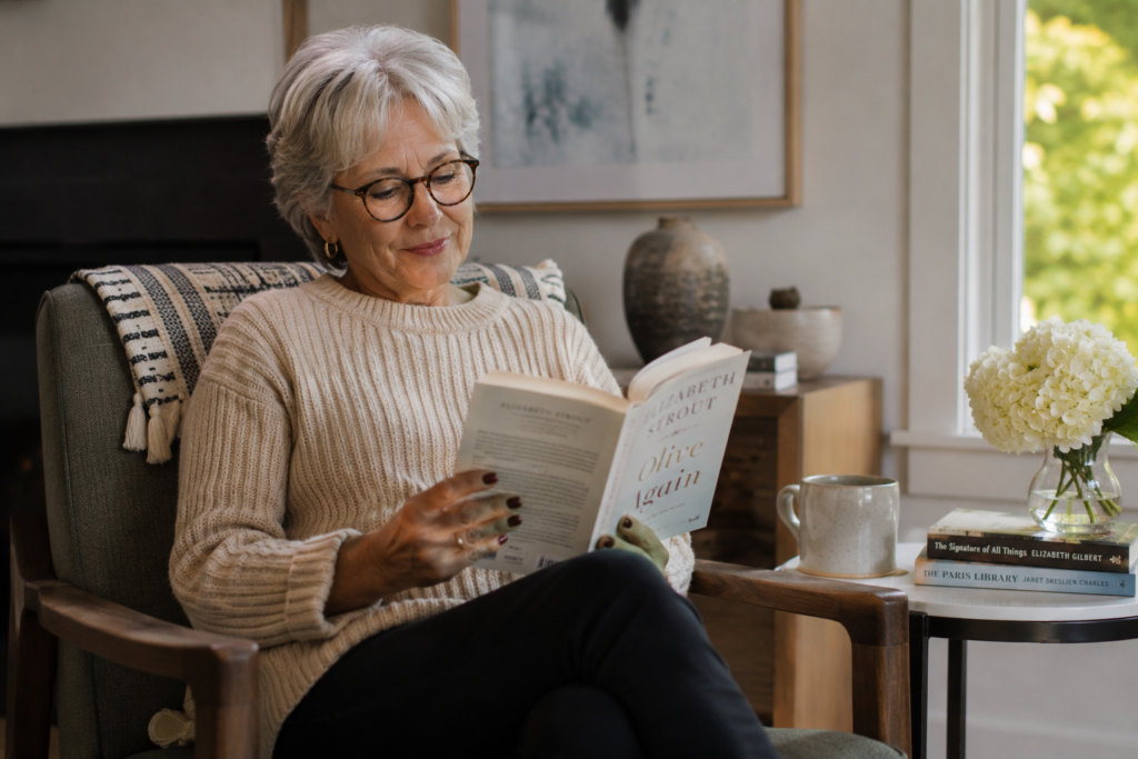 An older woman with gray hair and glasses sits in a cozy chair, smiling while reading a book, enjoying the peace of a fulfilling retirement. A mug, stacked books, and a vase of white flowers are on the table beside her.