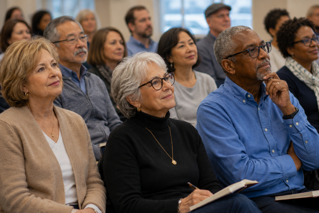 A diverse group of adults sit closely together in a well-lit room, attentively listening and taking notes during a seminar or lecture. Most appear engaged and focused on the speaker out of the frame, seeking inspiration and knowledge to help them build a more fulfilling retirement.