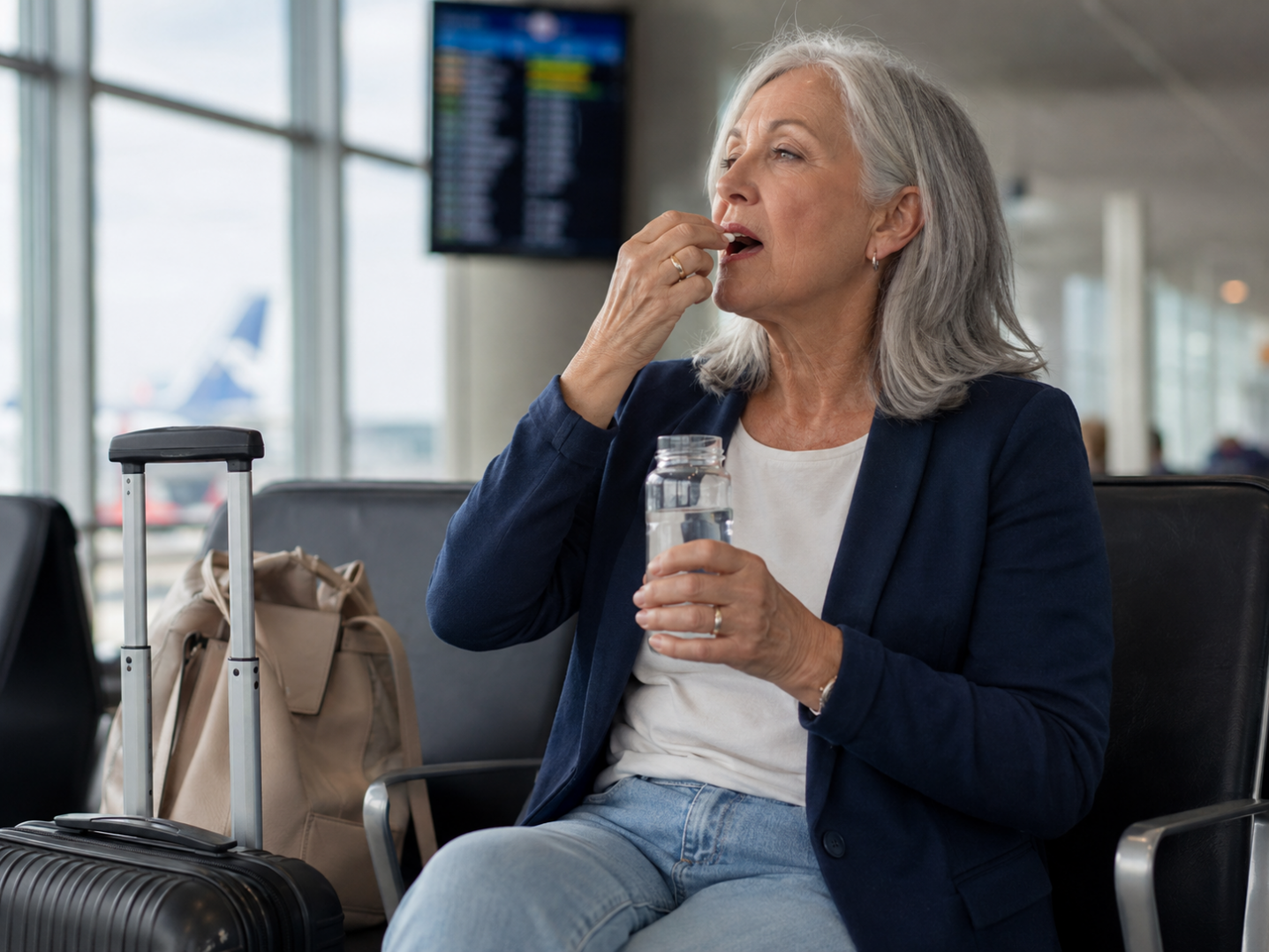 An older woman sits in an airport terminal, taking a pill with water. She has gray hair, wears a navy blazer and jeans, and a suitcase and bag are beside her. A departures board and airplanes are visible in the background.