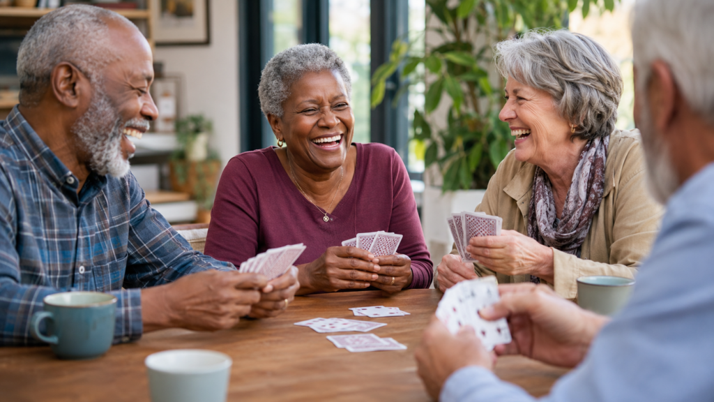 Four older adults sit around a table, laughing and playing cards together. Mugs and playing cards are on the table, and plants are in the background.
