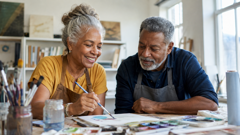 An older woman and man sit at a table painting together, smiling and wearing aprons, in a sunlit art studio with art supplies and paintings visible in the background.