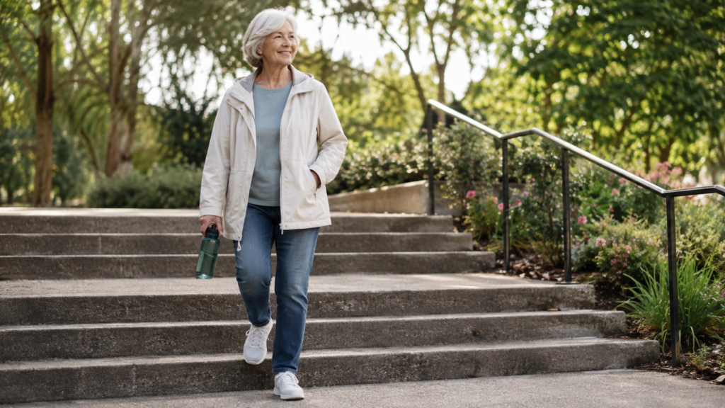 Older woman with gray hair, wearing a light jacket and jeans, walks down outdoor steps holding a water bottle. Green trees and flowers surround the sunny park scene.