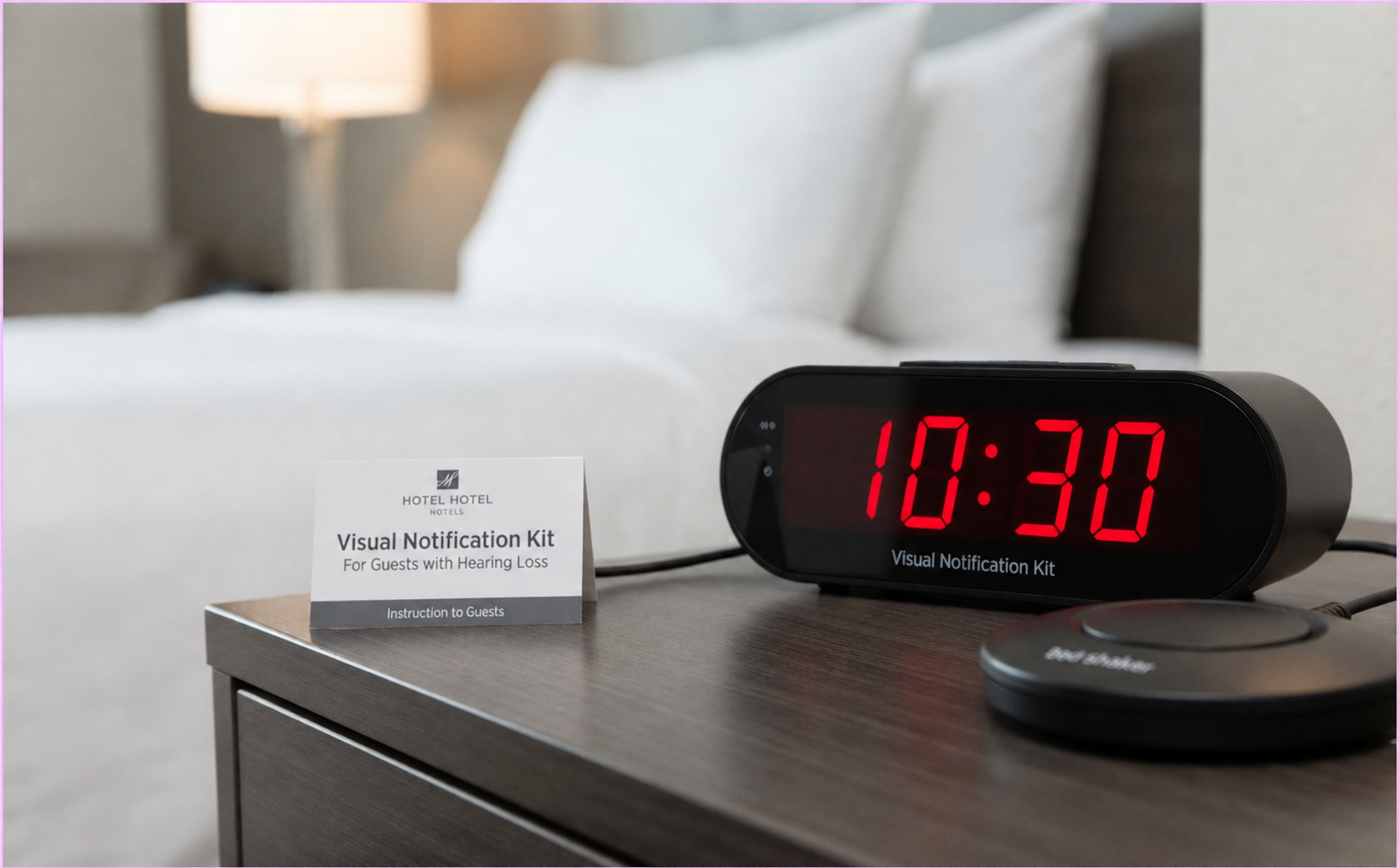 A hotel nightstand with a digital alarm clock showing 10:30, a round alert device, and a card labeled Visual Notification Kit for guests with hearing loss. A bed and lamp are blurred in the background.