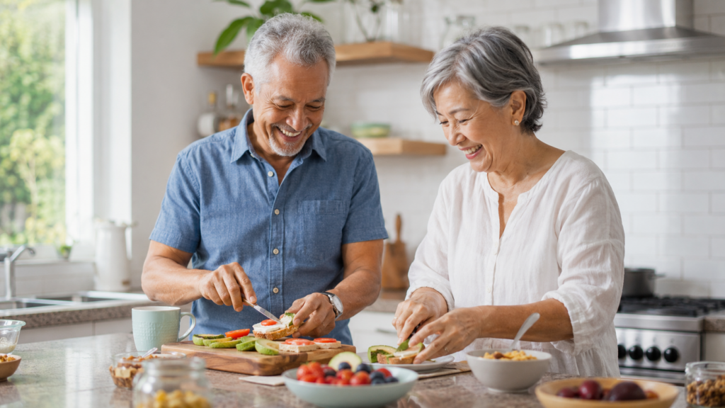 An older couple smiles while preparing food together in a bright kitchen, spreading toppings on bread and surrounded by fresh fruit and breakfast items.