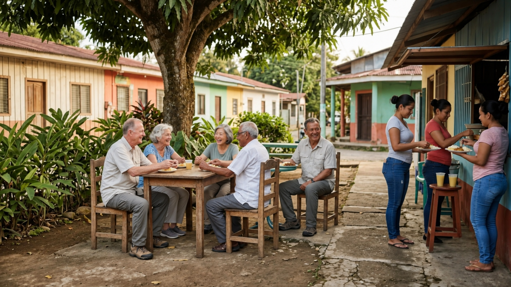 A group of seniors sits around a table under a tree, talking and laughing. Nearby, three women stand by a food stand or window, serving food. Colorful houses and lush greenery surround them.