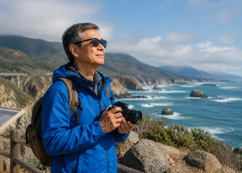A person enjoying a fulfilling retirement wears sunglasses and a blue jacket, standing on a coastal overlook while holding a camera and looking at the ocean and mountains under a partly cloudy sky.