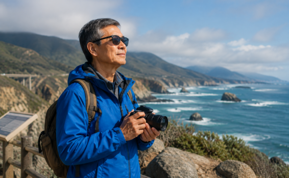 A person enjoying a fulfilling retirement wears sunglasses and a blue jacket, standing on a coastal overlook while holding a camera and looking at the ocean and mountains under a partly cloudy sky.