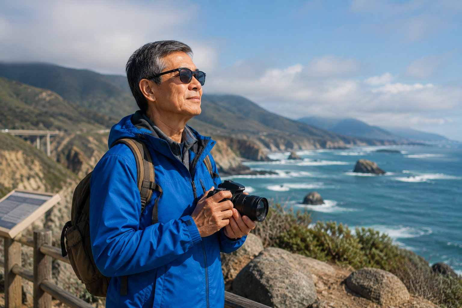 A person enjoying a fulfilling retirement wears sunglasses and a blue jacket, standing on a coastal overlook while holding a camera and looking at the ocean and mountains under a partly cloudy sky.