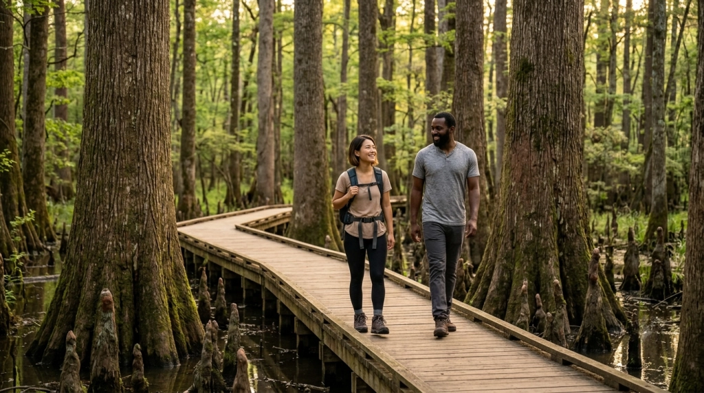 Two people walk on a wooden boardwalk through a lush, green forest with tall trees and water below. Sunlight filters through the trees as they smile and enjoy the outdoors together.