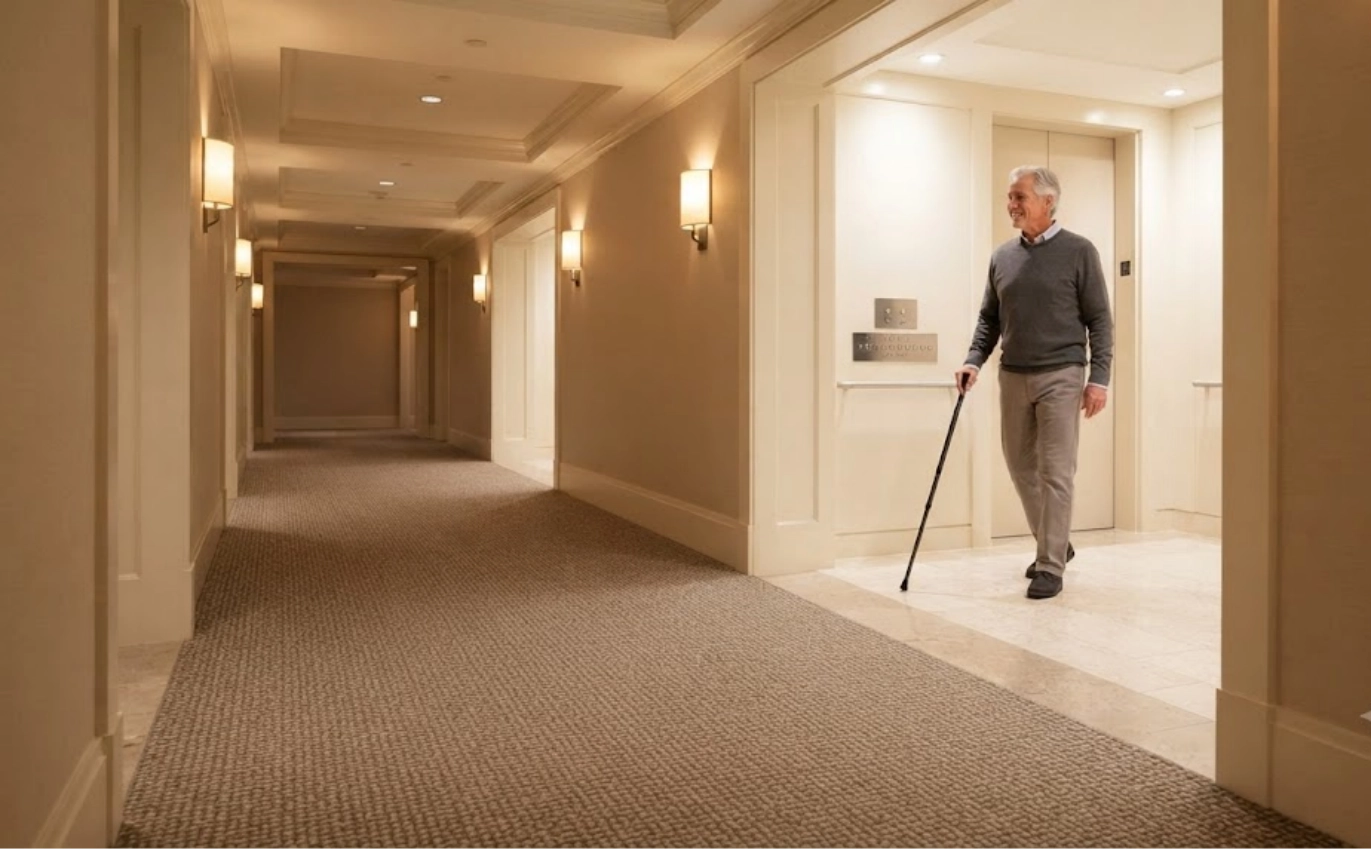 An older man with gray hair, wearing a sweater and slacks, walks with a cane out of an open elevator into a carpeted, well-lit hallway with cream-colored walls.