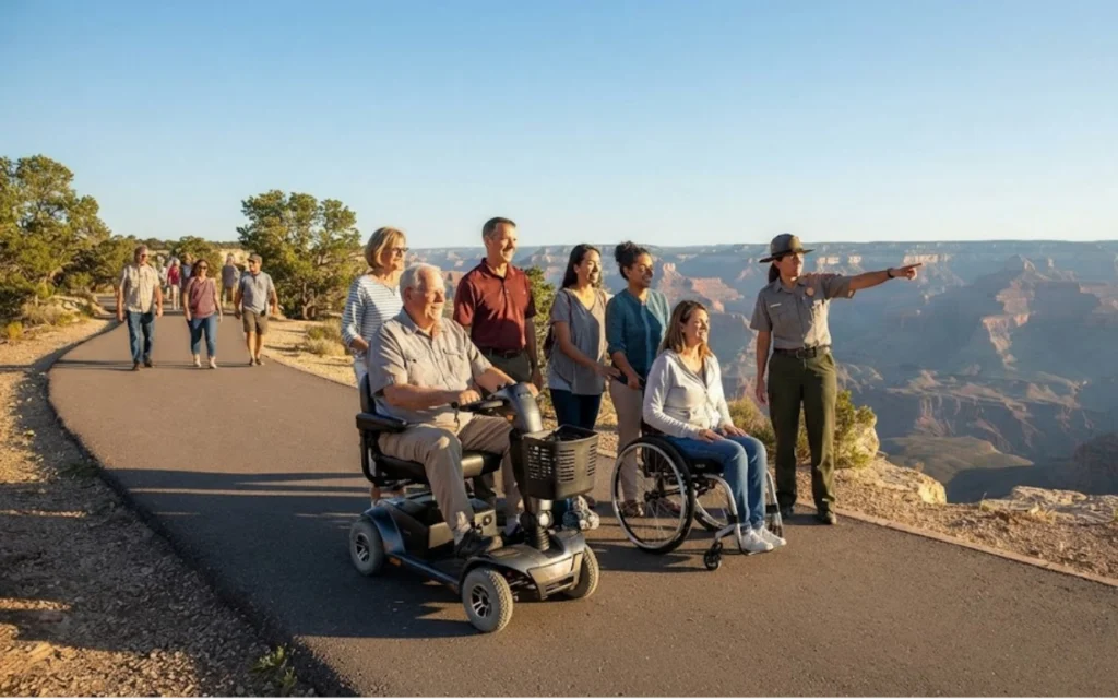 A park ranger points toward the Grand Canyon as a diverse group, including two people using mobility devices, enjoys the scenic view on an accessible paved path. Others walk in the background.