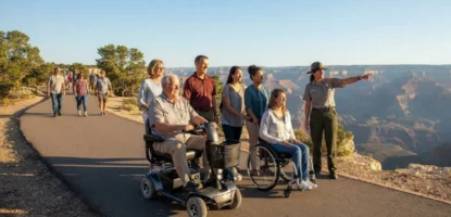 A park ranger points toward the Grand Canyon as a diverse group, including two people using mobility devices, enjoys the scenic view on an accessible paved path. Others walk in the background.