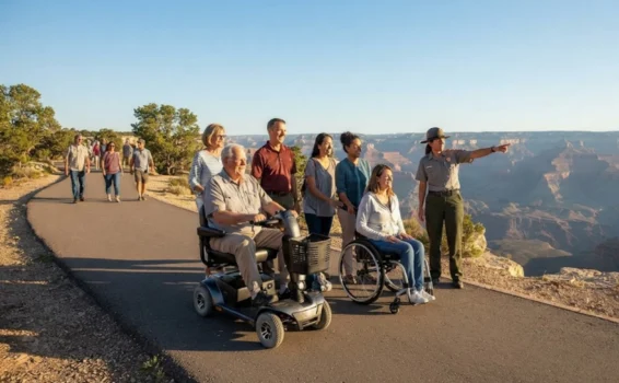 A park ranger points toward the Grand Canyon as a diverse group, including two people using mobility devices, enjoys the scenic view on an accessible paved path. Others walk in the background.