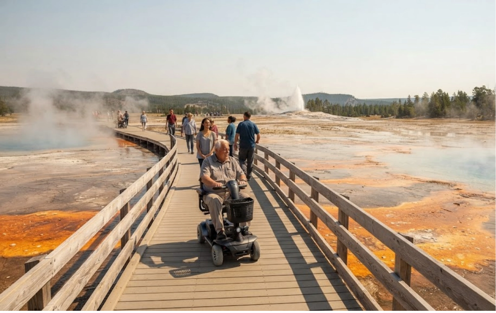 People walk and ride mobility scooters on a wooden boardwalk over colorful geothermal pools with steam rising, set in a natural landscape under a clear sky.
