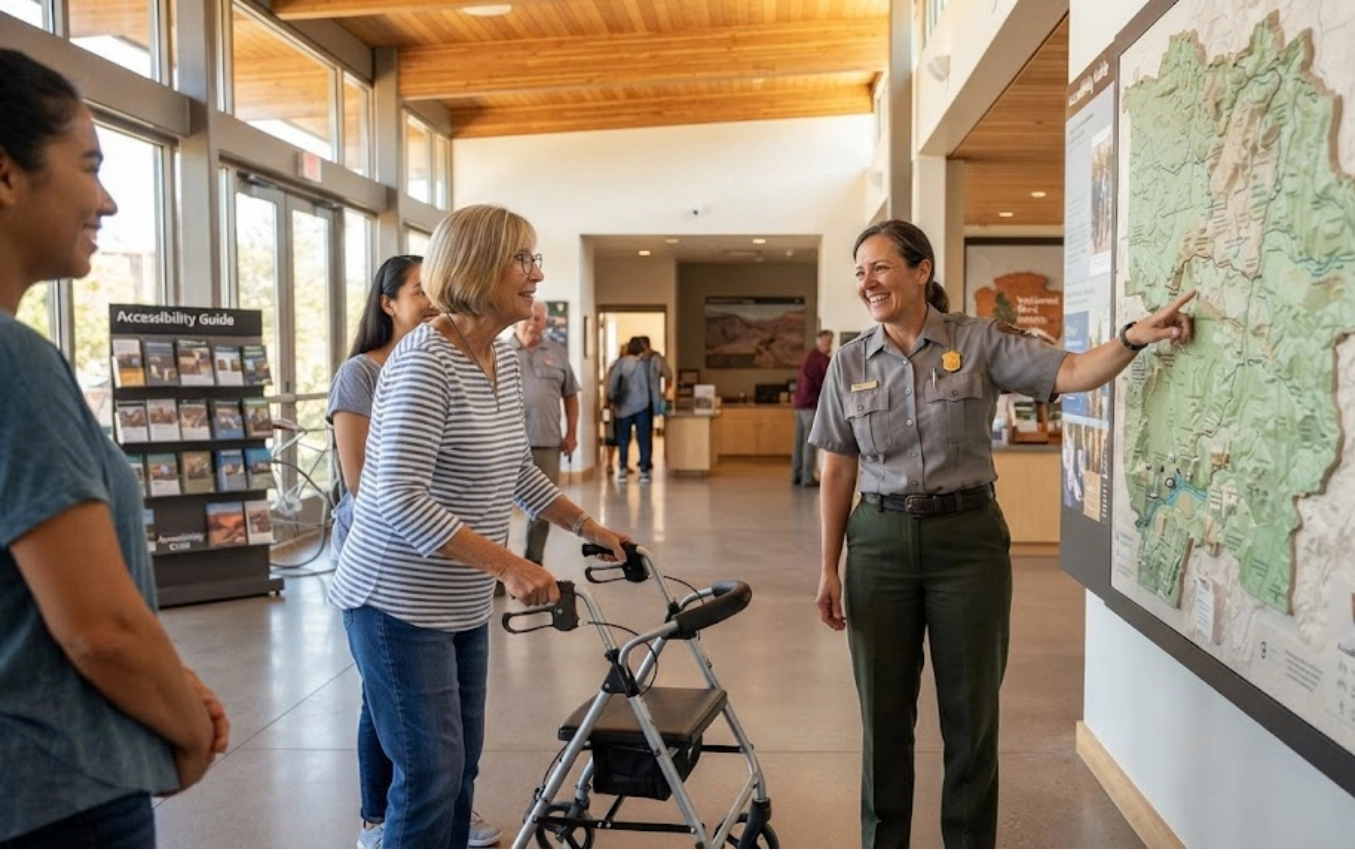A park ranger points to a large map on the wall while talking to three women, one using a walker, inside a visitor center with brochures and windows in the background.