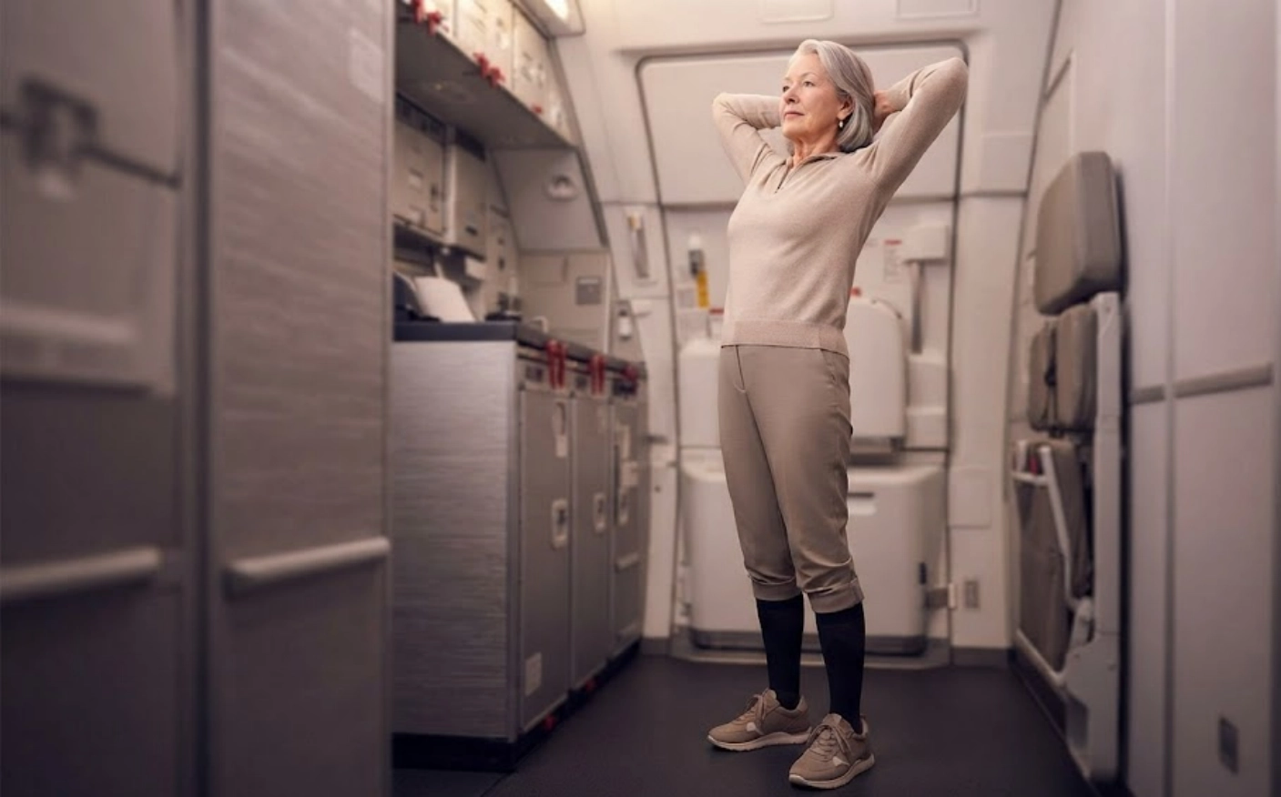 An older woman stands in an airplane galley, stretching with both arms raised behind her head. She wears a beige sweater, pants, and sneakers, with seats and cabinets visible around her.