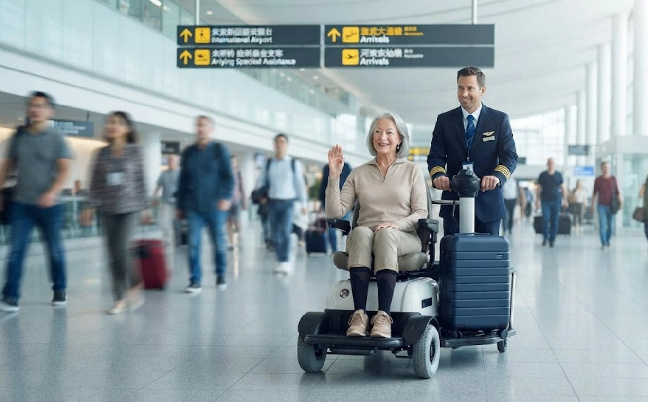 A smiling woman in a motorized wheelchair is assisted by an airport staff member. They move through a busy airport terminal with signs and travelers in the background.