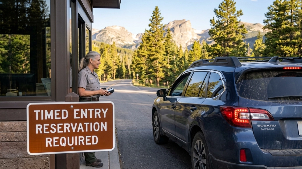 A park ranger stands at a booth checking a blue Subaru Outback. A sign in front reads Timed Entry Reservation Required. Pine trees and mountains are visible in the background under a clear sky.