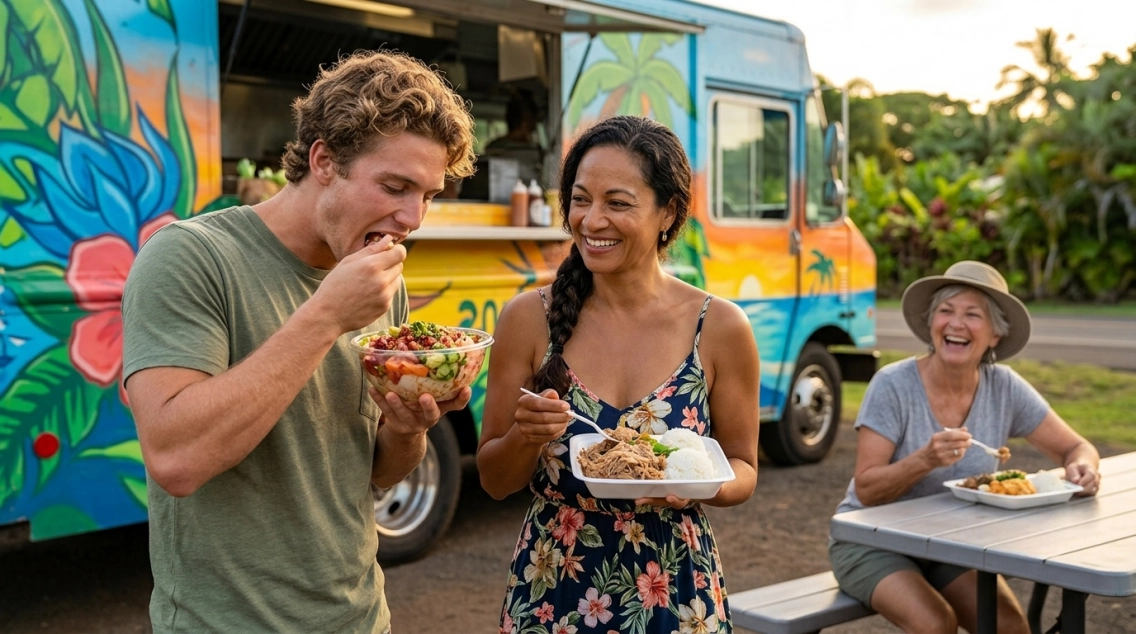 Two people eat takeout food near a colorful food truck, while a smiling older woman sits at a picnic table eating. Tropical greenery surrounds them, creating a relaxed, outdoor atmosphere.
