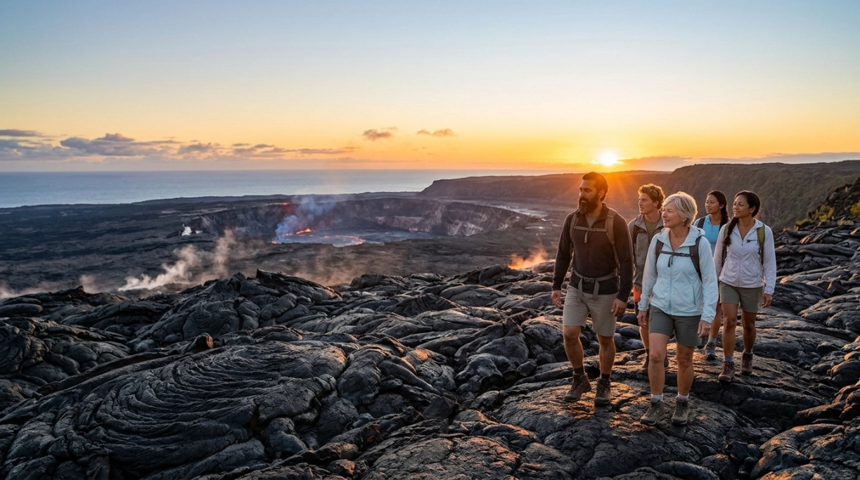 Four hikers walk across dark volcanic rock at sunset, with a steaming crater and glowing lava visible in the background, beneath a colorful sky.