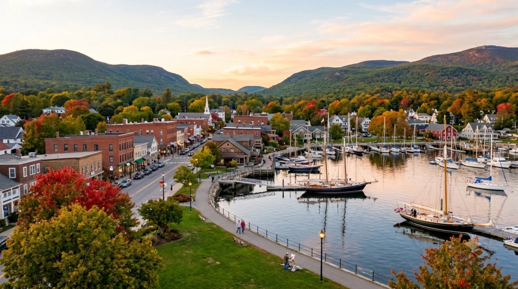 A scenic harbor town with sailboats docked, red brick buildings, tree-lined streets, and colorful autumn foliage, set against rolling green hills at sunset.