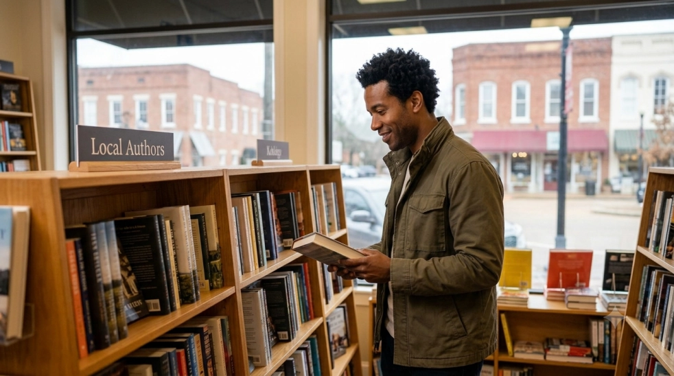 A man stands in a bookstore, smiling while holding an open book. He is next to a wooden shelf labeled Local Authors, with books and large windows in the background showing buildings outside.