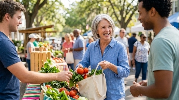 A woman smiles while buying fresh vegetables at an outdoor farmers market, talking with two vendors. Other shoppers and market stalls are visible in the background.