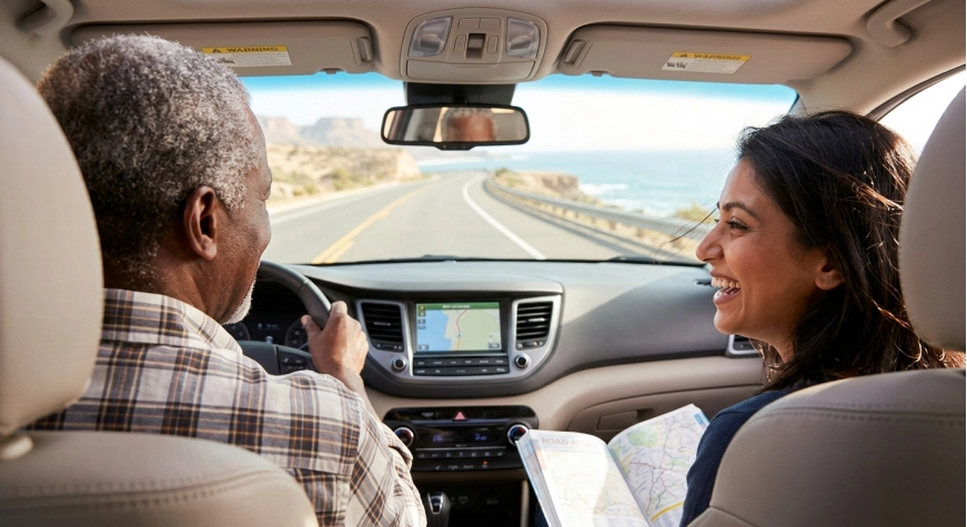 Two people sit in a car driving along a coastal road. The driver is smiling, and the passenger holds a map and looks at the driver, laughing. The dashboard GPS shows the route ahead.