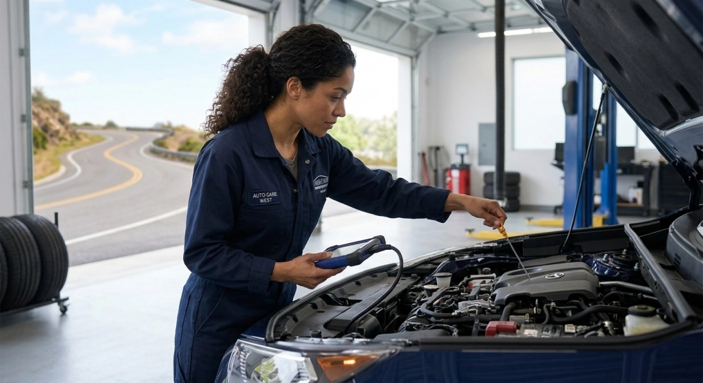 A mechanic in a blue jumpsuit checks the oil level under the hood of a car inside a garage, holding an oil dipstick and diagnostic tool, with a road visible outside.