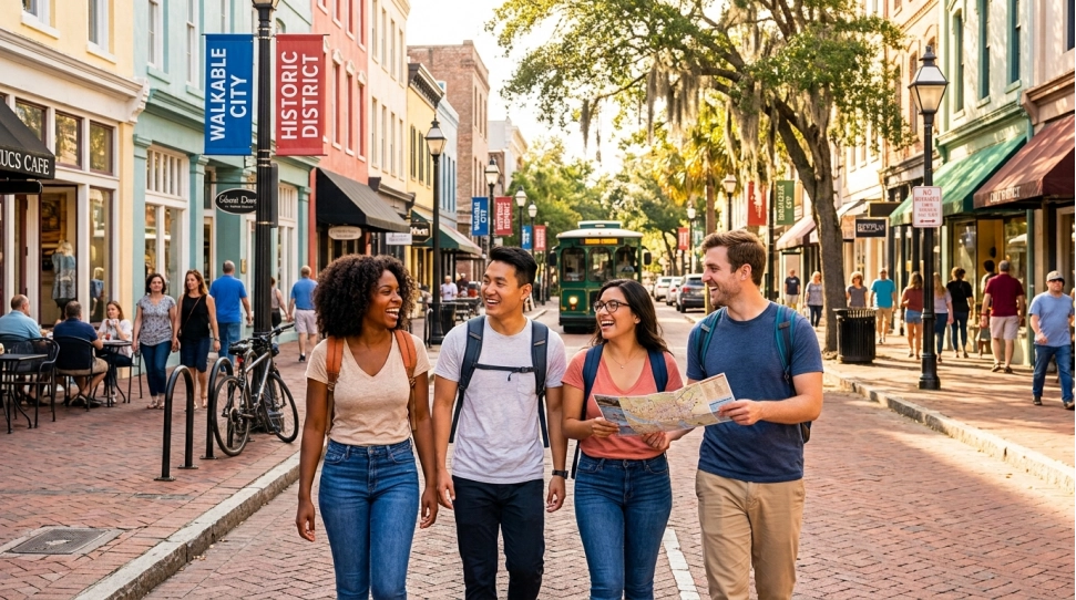Four friends walk and smile on a brick-paved street lined with colorful shops and cafes. One person holds a map. A trolley and pedestrians are in the background on a sunny day.