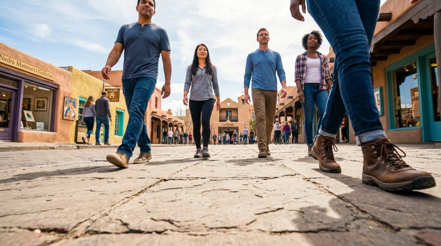 Five people walk down a cobblestone street in a Southwestern-style town, surrounded by adobe buildings and shops, on a sunny day. The camera angle is low, focusing on their legs and shoes.