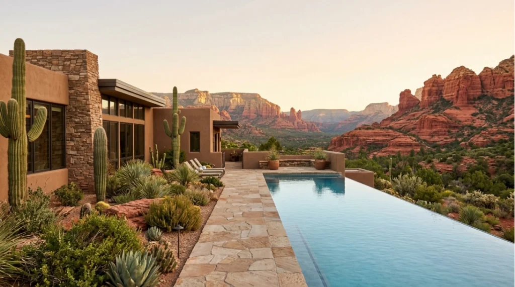 A modern house with stone walls and cacti sits beside an infinity pool, overlooking red rock formations and desert landscape at sunset.