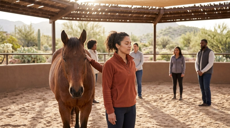 A group of people stands in a sandy, open-air arena with a brown horse. A woman in a red jacket stands near the horse, eyes closed, appearing calm. Green desert plants and mountains are visible in the background.