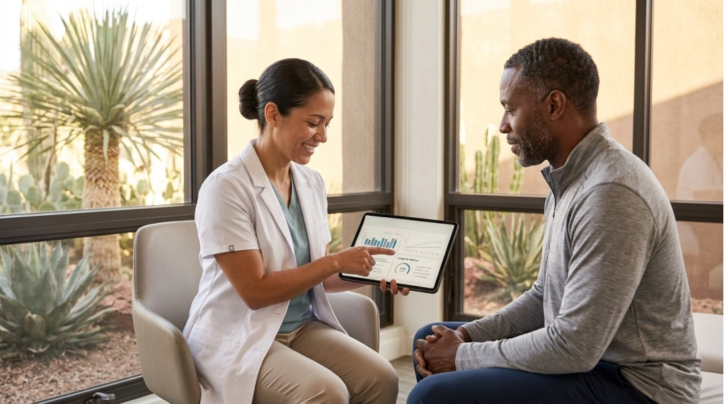 A healthcare professional shows a patient a tablet with charts and graphs, discussing health information in a bright, modern office with large windows and desert plants outside.