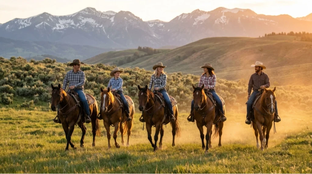 Five people wearing cowboy hats ride horses on a grassy field at sunset, with mountains and trees in the background. They appear to be talking and enjoying the scenic view.
