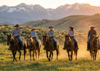 Five people wearing cowboy hats ride horses on a grassy field at sunset, with mountains and trees in the background. They appear to be talking and enjoying the scenic view.
