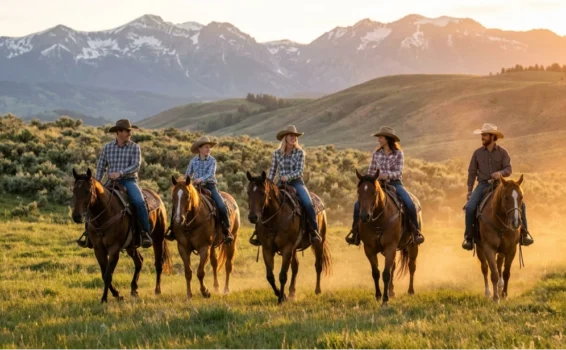 Five people wearing cowboy hats ride horses on a grassy field at sunset, with mountains and trees in the background. They appear to be talking and enjoying the scenic view.