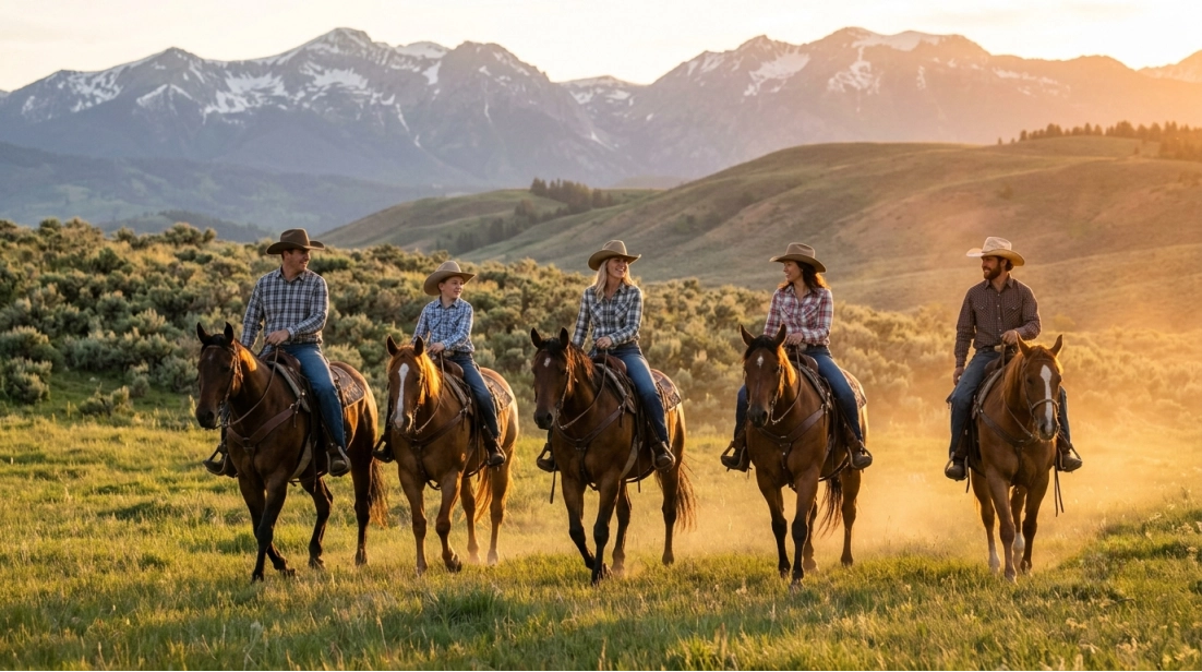 Five people wearing cowboy hats ride horses on a grassy field at sunset, with mountains and trees in the background. They appear to be talking and enjoying the scenic view.