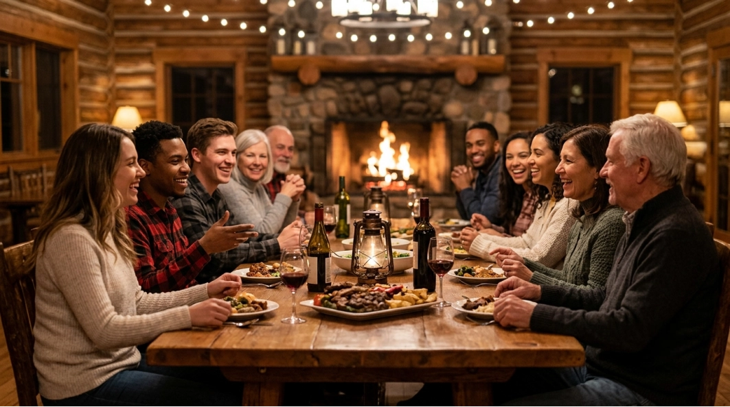 A group of people sit around a wooden table in a cozy log cabin, enjoying food and wine together. A fireplace glows in the background, creating a warm, festive, and joyful atmosphere.