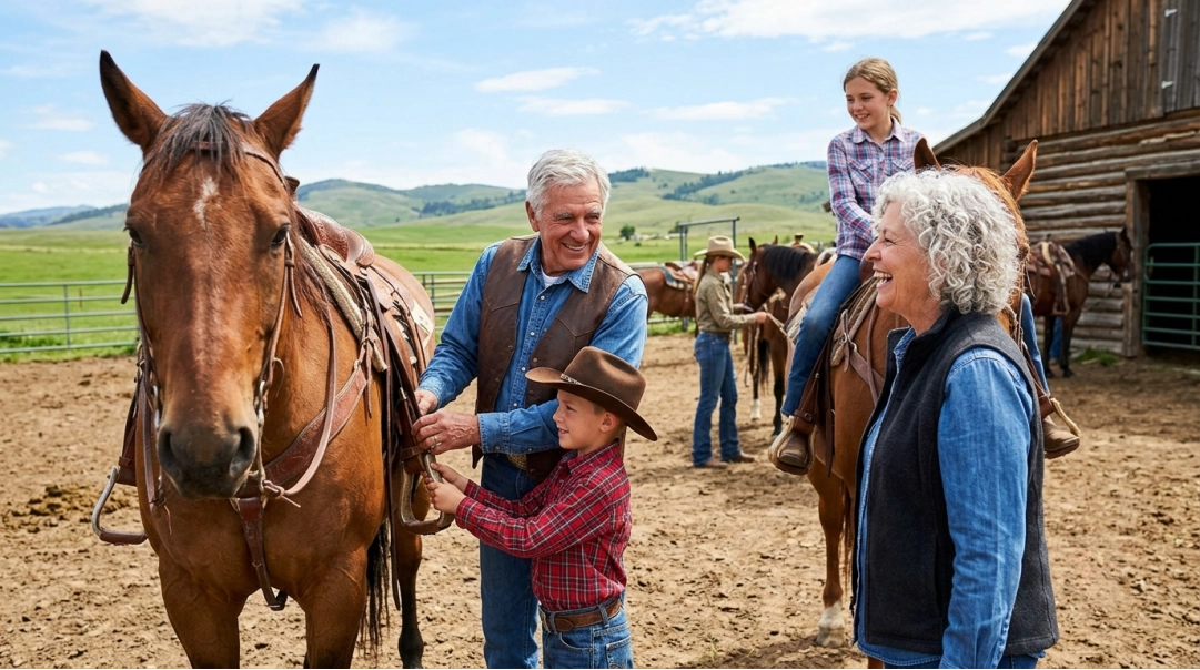 An older couple and two children stand by horses on a ranch. The boy helps saddle a horse while the girl sits atop another. Hills and a barn are visible in the background.