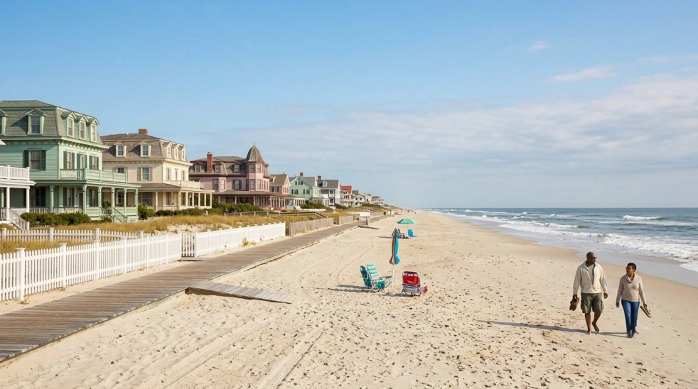 A couple walks along a sandy beach near colorful Victorian houses and a boardwalk, with empty beach chairs and umbrellas scattered along the shore under a partly cloudy sky.