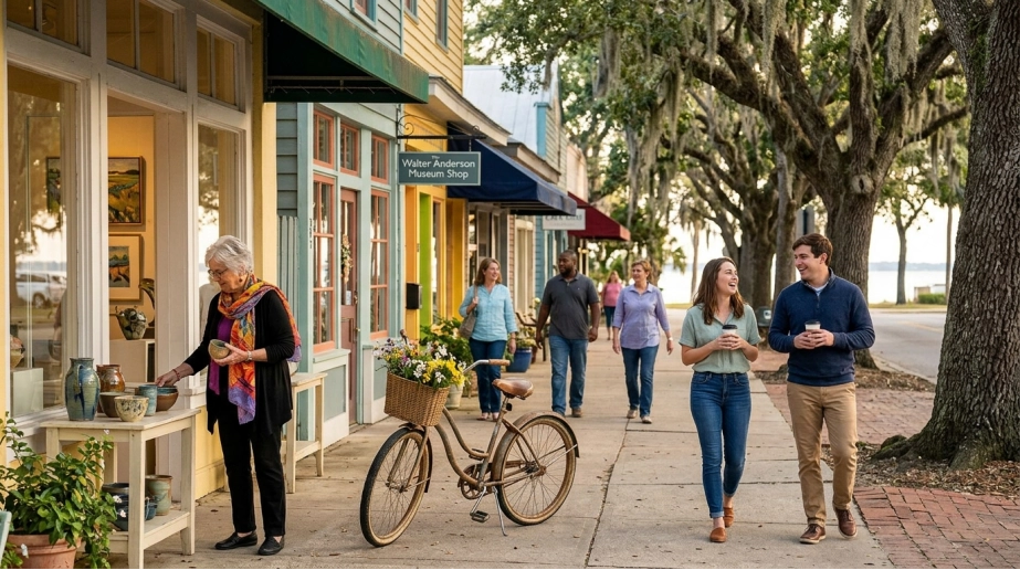 People stroll along a charming, tree-lined street with colorful shops. A woman browses pottery outside, while others walk or talk, and a bicycle with a flower basket is parked nearby.