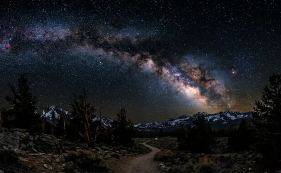 A winding trail leads through a mountainous landscape under a clear night sky, with the Milky Way galaxy visible in bright detail above silhouetted trees and snow-capped peaks.