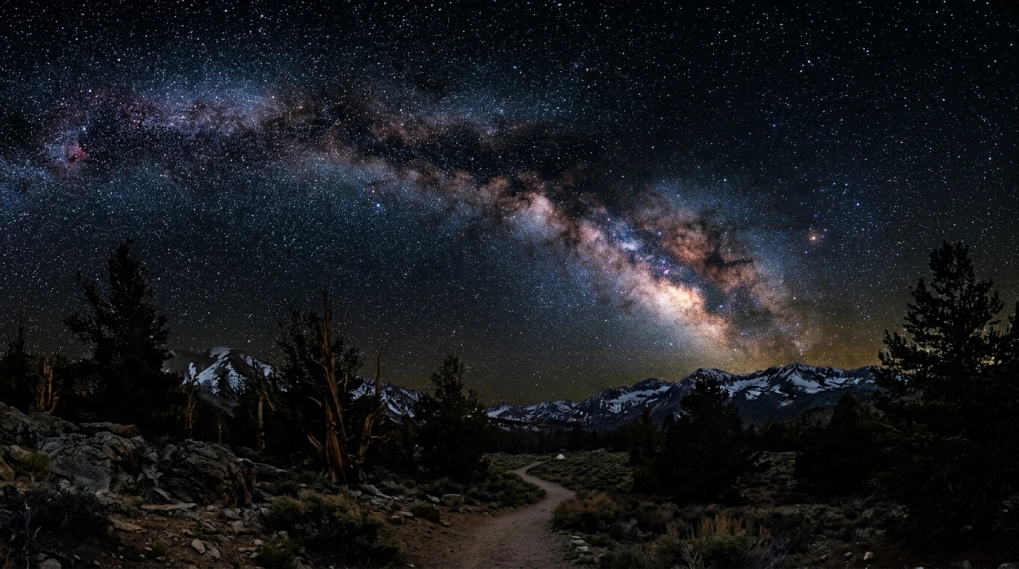 A winding trail leads through a mountainous landscape under a clear night sky, with the Milky Way galaxy visible in bright detail above silhouetted trees and snow-capped peaks.