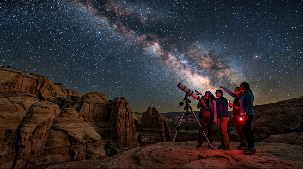 Four people stargaze with a telescope on rocky terrain under a clear night sky filled with stars and the glowing Milky Way.