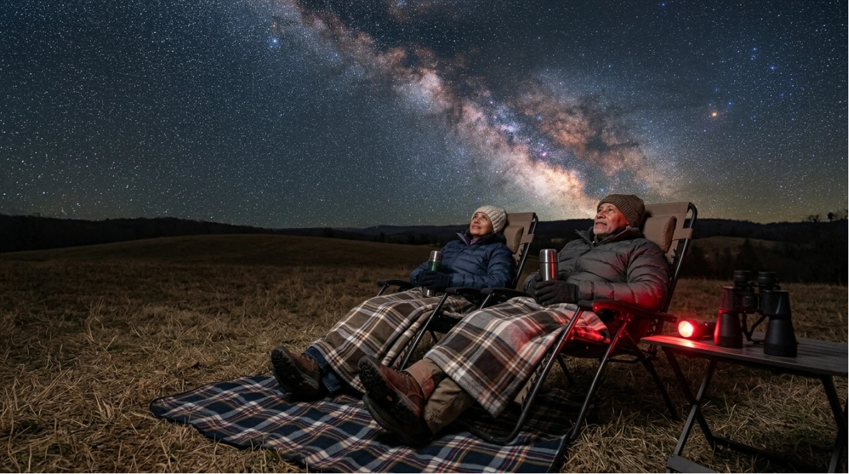 Two people sit in reclining chairs under blankets on a field at night, holding mugs and gazing at a bright, star-filled sky with the Milky Way clearly visible above them. Binoculars and a red lantern rest nearby.