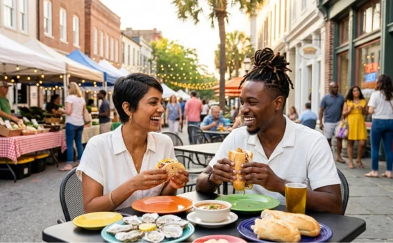 A smiling couple sits at an outdoor table with sandwiches, oysters, and drinks at a street market, surrounded by people and vendor tents on a sunny day.